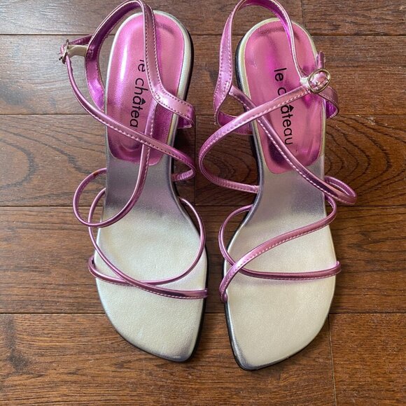 Size 7-8 pinkish purplish Metallic Strappy sandal Heels - Picture 2 of 8